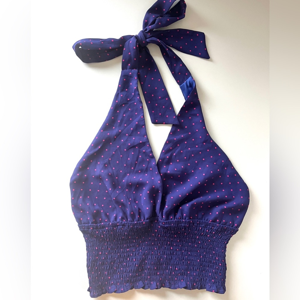 Love Tree Navy Pink Polka Dot Smocked Halter Crop Top Size M